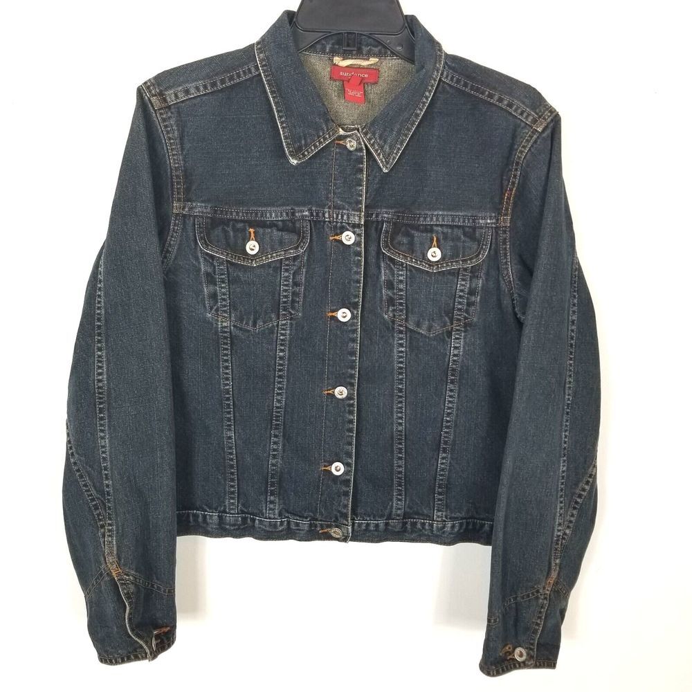 Sundance Women Denim Jeans Jacket Size L Button Down Navy Blue